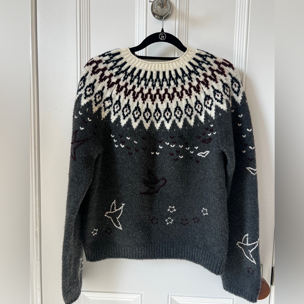 Nina Ricci Charcoal Crewneck Sweater with Cream / Burgundy Fair Isle Yoke